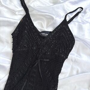 Expression Black Crochet Beaded Camisole Top Ribbon Tie Vintage Style Women S